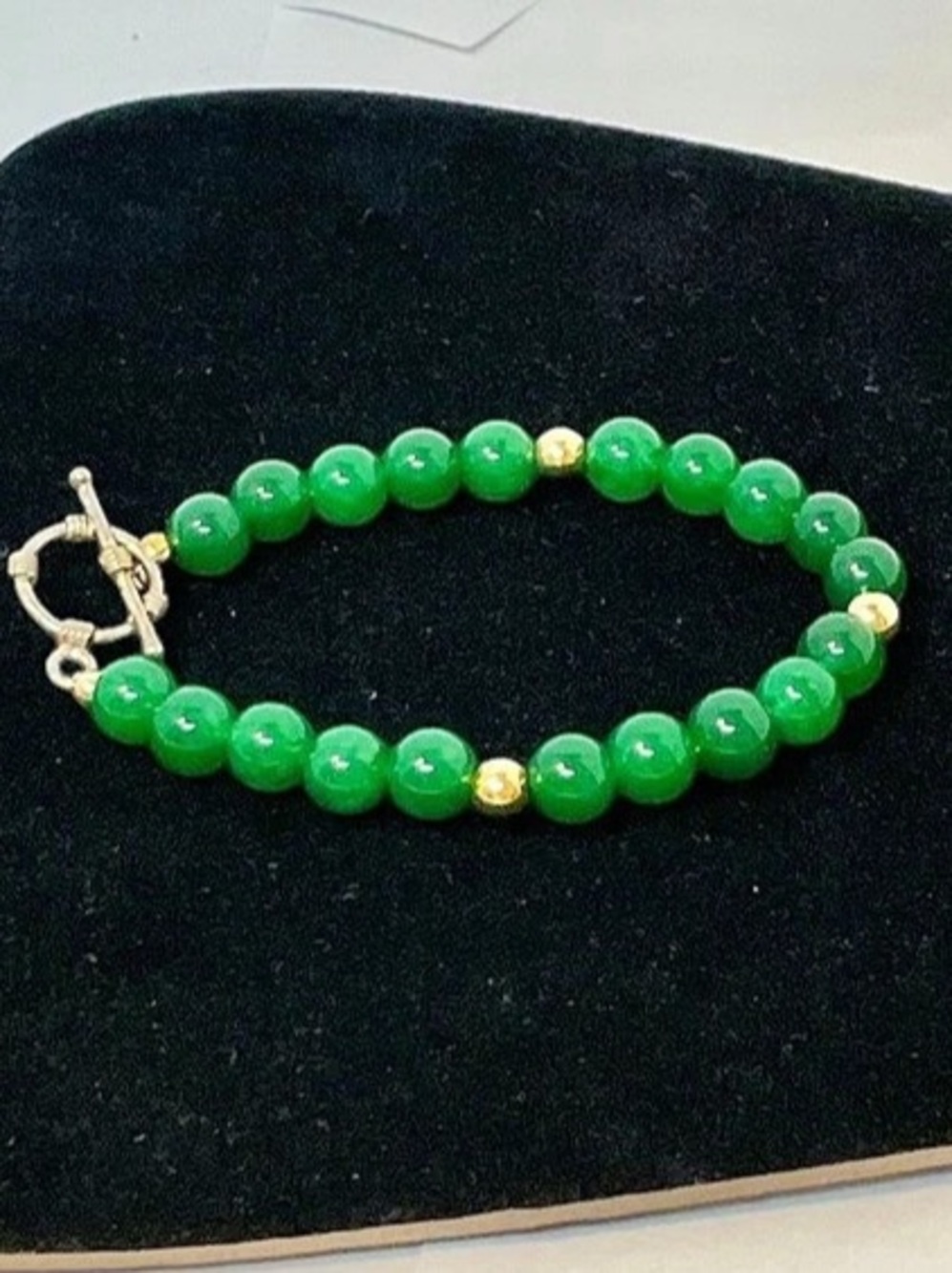 Vintage Green Jadeite Round Bead 8.5” Bracelet Silver Toggle Clasp Estate 19.43g